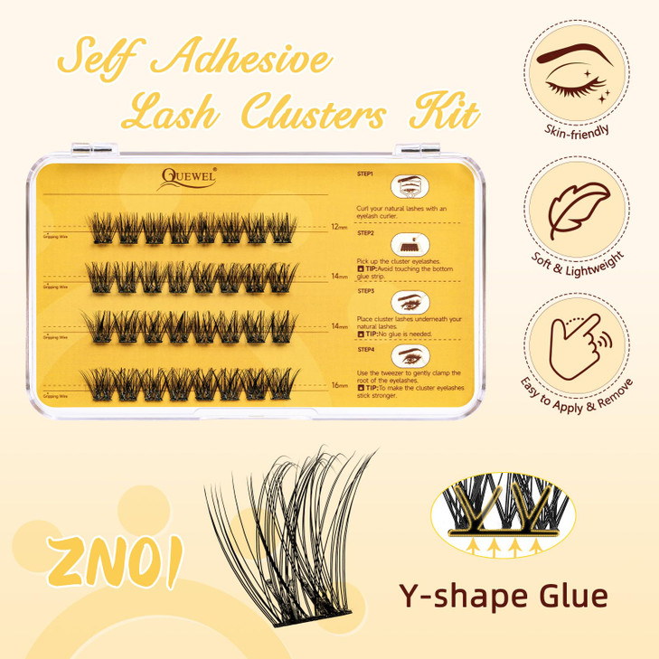 QUEWEL Self Adhesive Eyelashes Kit Press On Lashes Pre Glued Eyelash Clusters Self Stick Cluster Lashes No Glue No Remov