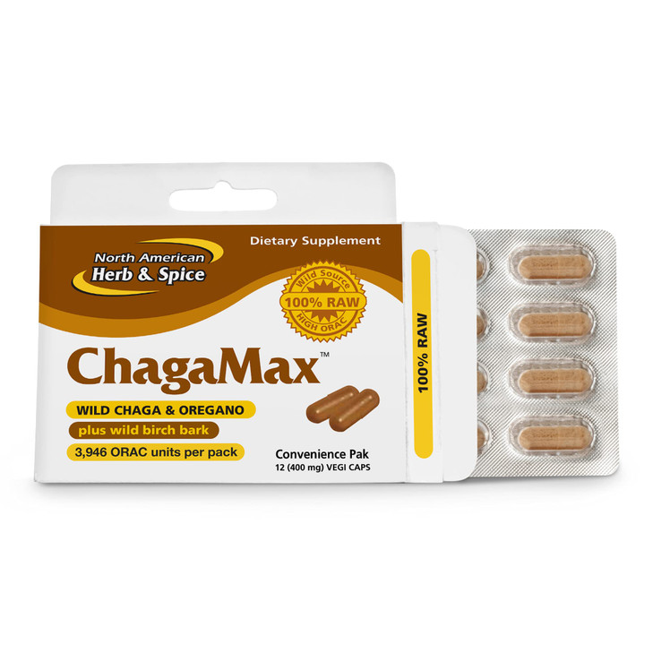 NORTH AMERICAN HERB & SPICE ChagaMax - 12 Vegi Capsules - Chaga Wild Mushroom Supplement - Adaptogen, Adrenal Support, Endurance & Stamina - Non-GMO