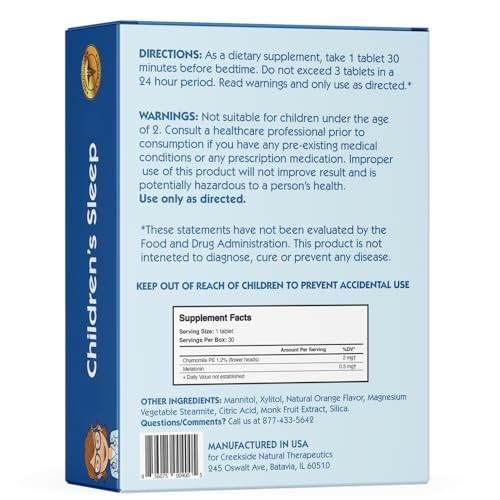 Creekside Naturals Childrens Sleep, with Melatonin and Chamomile, Zero Sugar, Vegan, Pediatrician Formulated, Orange Dream Flavor, 30 EZ Melt Tablet