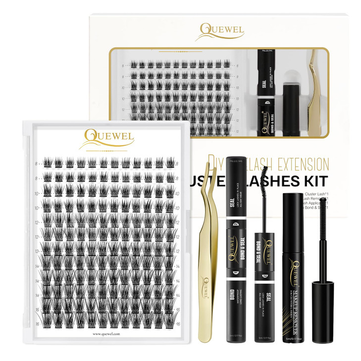 QUEWEL DIY Eyelash Extensions Kit Lash Clusters 144 Pcs Clusters Eyelash Applicator Tool Super Hold Cluster Lashes Bond