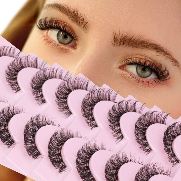 Russian Strip Lashes Natural Look Cat Eye Style with Clear Band 8 Pairs Fluffy Wispy 3D Effect False Eyelashes Thin Volu
