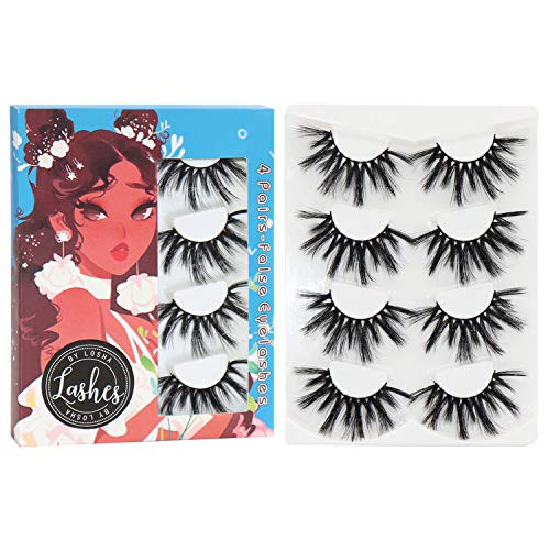 Losha 25mm Lashes 3D Faux Mink Lashes Fluffy Volume Eyelashes Thick Crossed Luxurious Soft Wispy Lashes Pack 4 Pairs Dra