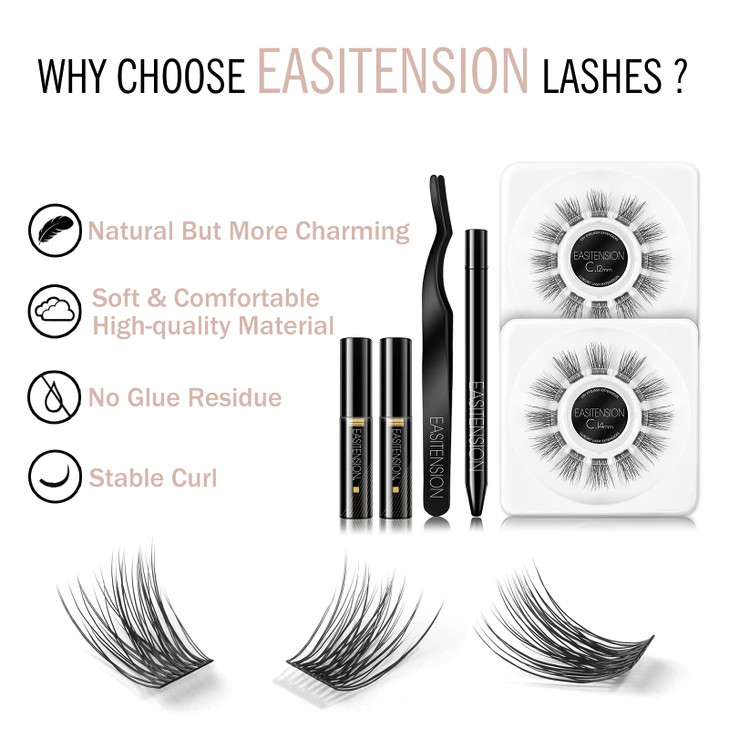 EASITENSION DIY Eyelash Extension 3D Effect Glue Bonded Band Cluster Lashes Individual Lash Clusters Volume Lashes Set A