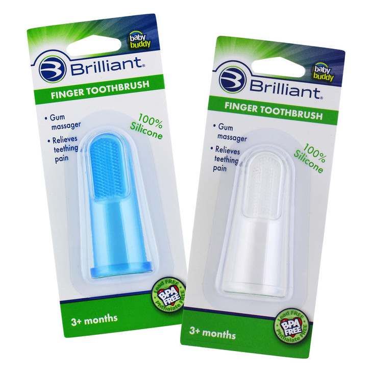 Brilliant Baby Finger Toothbrush - Silicone Gum Massager and Teether Brush for Infant-Toddler, 3 Months Old and Up, Blue/Clear, 2 Count