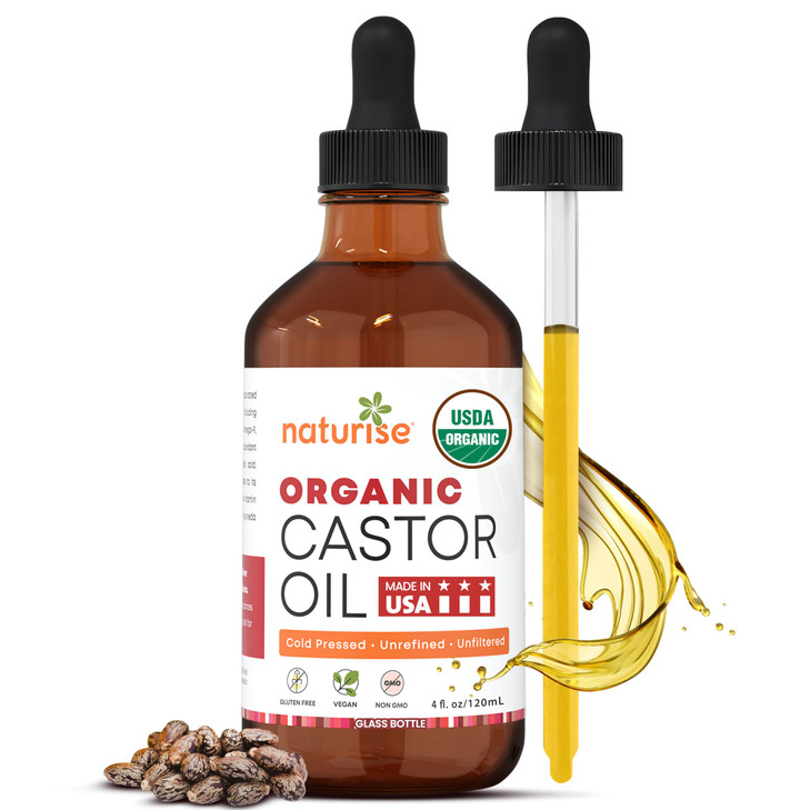 Naturise USDA Organic Castor Oil for Hair Growth Pure Castor Oil Organic Cold Pressed Unrefined in Glass Bottle Vegan No
