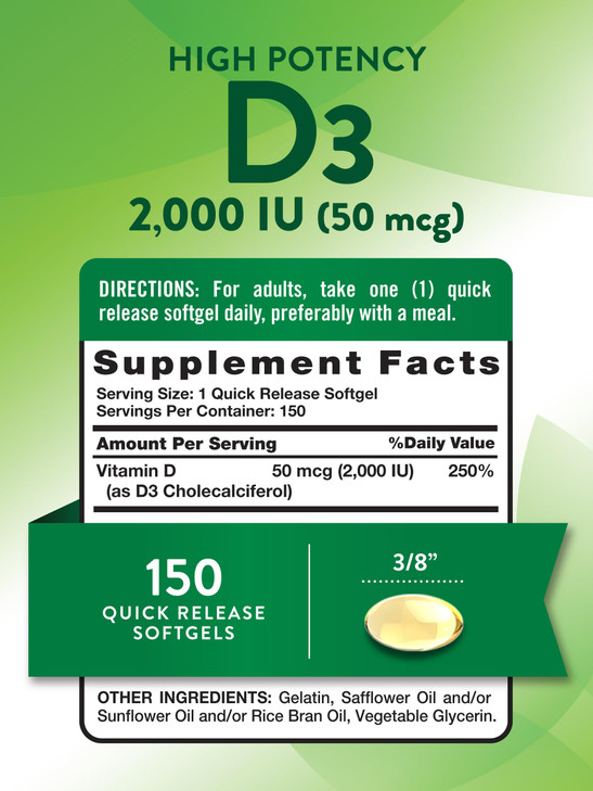 Nature's Truth Vitamin D3 2000 IU Softgels for Adults | 150 Count | High Potency | Non-GMO and Gluten Free Supplement