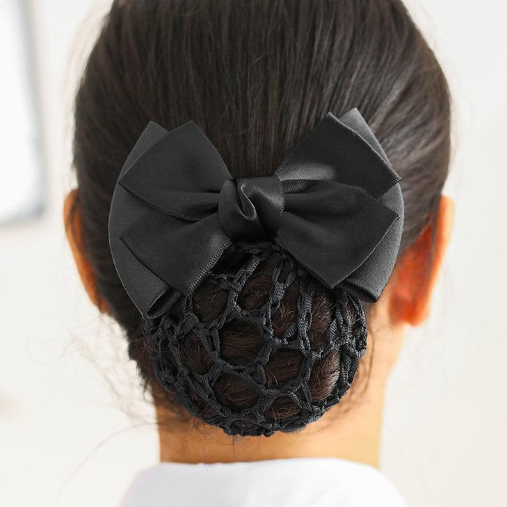 AKOAK 2 Pcs Black Bowknot Decor Snood Net Barrette Hair Clip Bun Cover online at globaldelivered