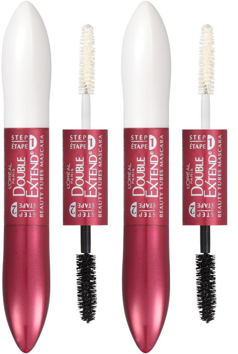 LOreal Paris Makeup Double Extend Tubing Mascara Lengthening 2 Step Mascara Smudgeproof Blackest Black Pack of 2