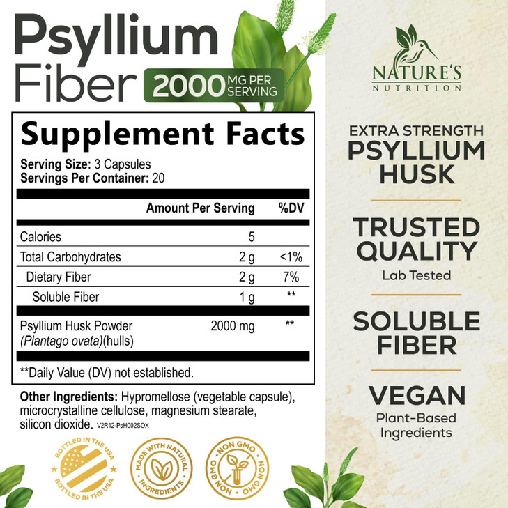 Psyllium Husk Fiber Supplement 2000mg - Extra Strength Psyllium Fiber Powder - Natural Soluble Fiber Pills, Supports Digestion, Colon Health & Regula