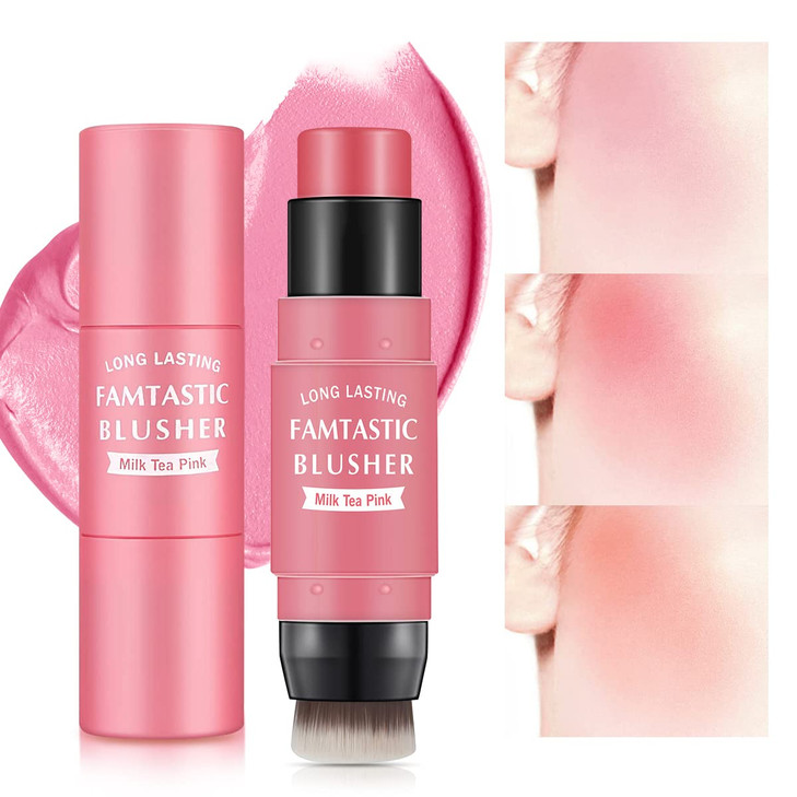 LOKFAR Cream Blush Stick for Cheeks 2 in 1 Multi Makeup Blush with Brush for Cheeks Tint Eyes Lips Waterproof Smooth Cre