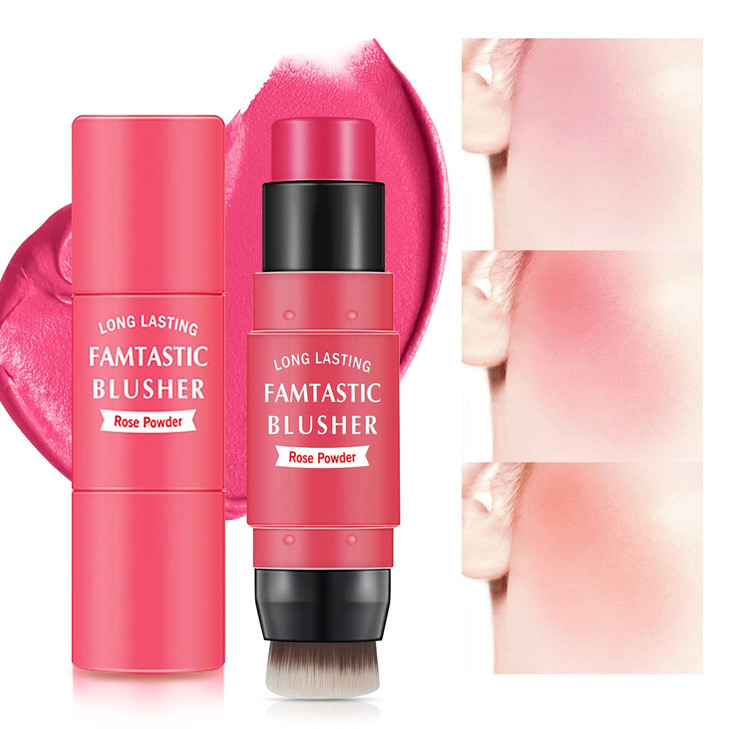 LOKFAR Cream Blush Stick for Cheeks 2 in 1 Multi Makeup Blush with Brush for Cheeks Tint Eyes Lips Waterproof Smooth Cre