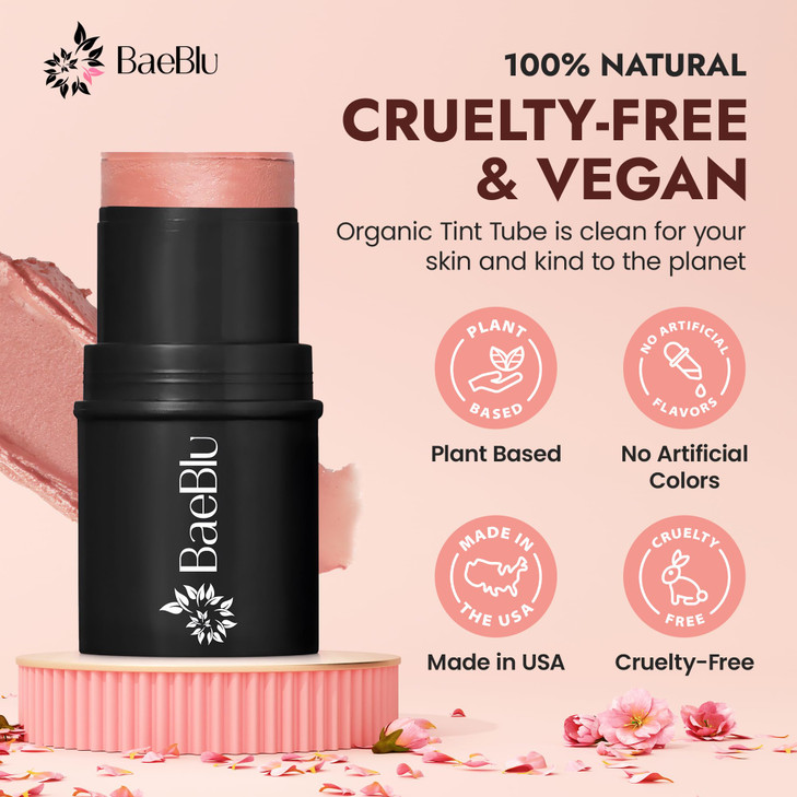BaeBlu Organic Blush Tube Rose 100 Natural Vegan Cream Blush Sticks MultiUse Bronzer Highlighter for Lips Cheeks Eyes Bu
