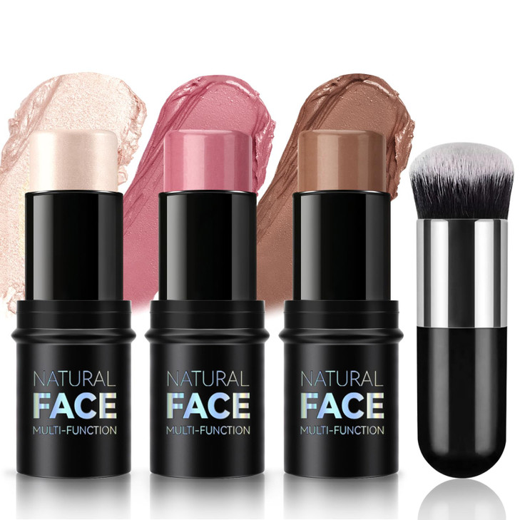 NewBang 3 Pcs Cream Blush Contour Highlighter Stick for Cheeks Eyes Lips Lightweight Dewy Finish Blush Stick Waterproof