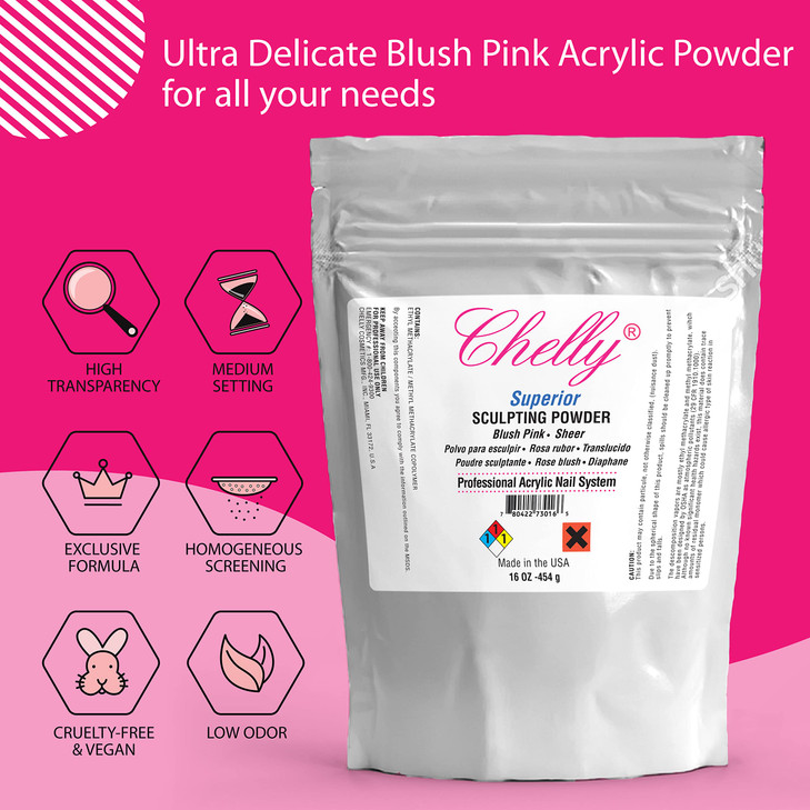 Chelly Superior Sculpting Powder Professional Acrylic Nail System Clear Blush Pink Medium Pink 16 oz 454 g Blush Pink