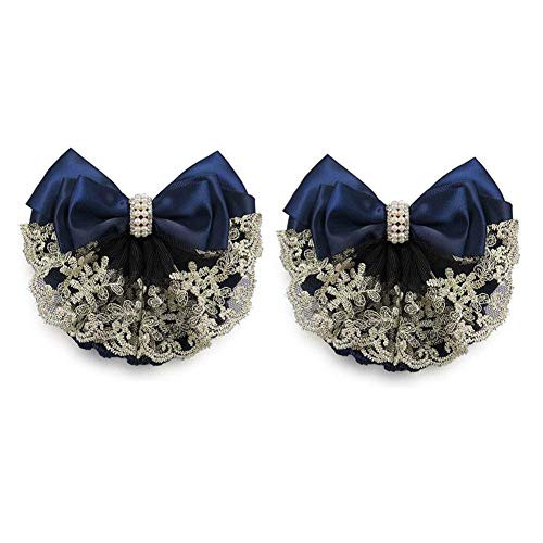 2Pcs Professional Hair Bun Cover Net Snood Hairnet Bowknot with Fan-shaped Lace Pearl Crystal Decoration Barrette Hair Clip Hair Accessories for Wome online at globaldelivered