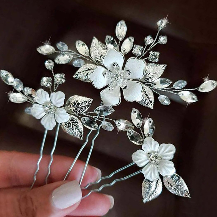 YBSHIN Bride Flower Wedding Hair Pins Silver Crystal Hair Piece Bridal Leaf Hair Accessories for Women (Pack of 3) online at globaldelivered