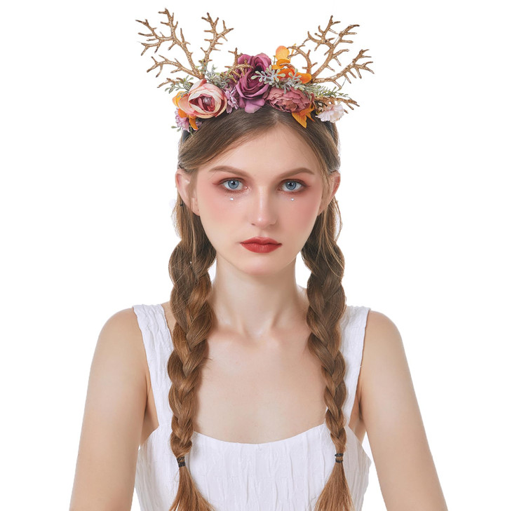 Vivivalue Deer Antler Hair Hoop with Flowers Flower Headband for Cosplay Party Costume online at globaldelivered