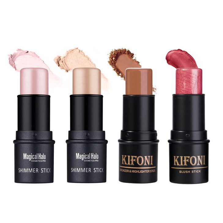 SUMEITANG 4PCS Contour Stick Highlighter And Cream Blush Stick 4 Colors Kit Moisturizer Face Brightens Shades Pencil Fac