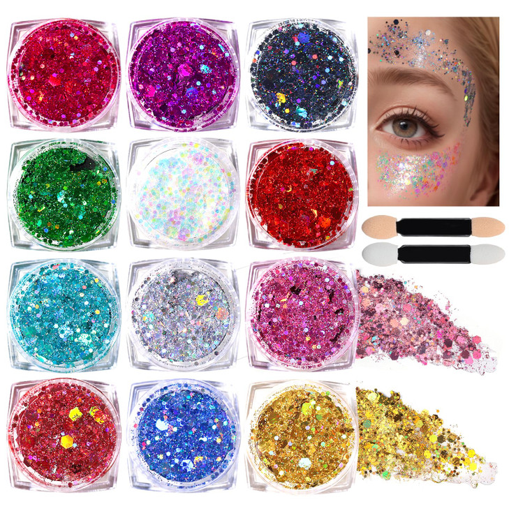 Teenitor Body Glitter Face Glitter Makeup Festival Glitter 12 Colors Face and Body Glitter Gel Hair Glitter Gel Body Mak