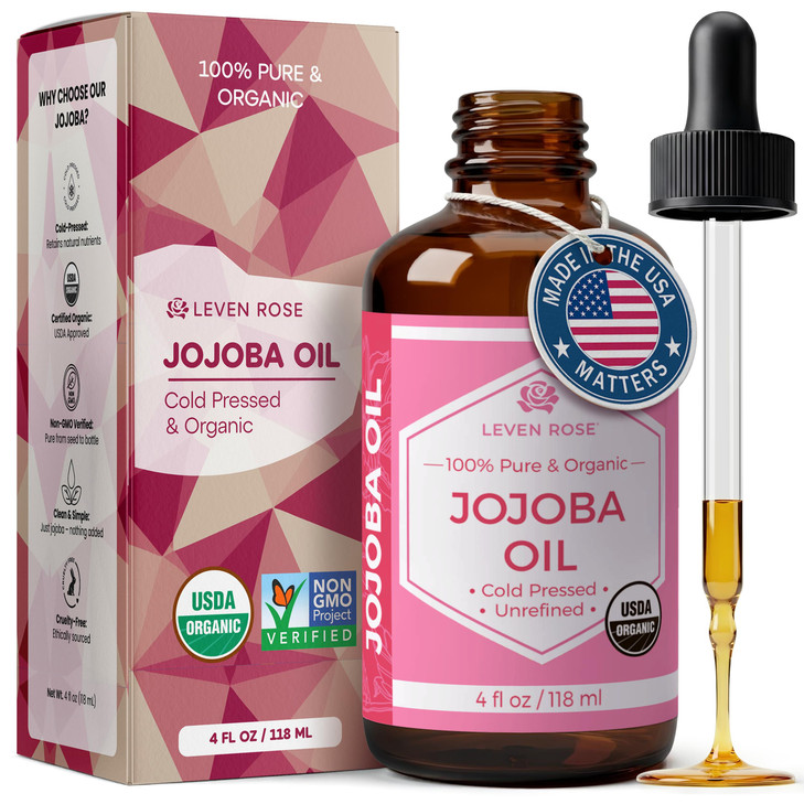 Leven Rose Jojoba Oil Organic Pure Cold Pressed Carrier Oil Natural Unrefined Moisturizer for Skin Hair and Nails 4 oz