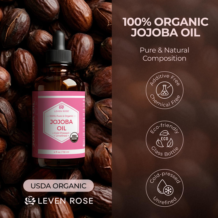 Leven Rose Jojoba Oil Organic Pure Cold Pressed Carrier Oil Natural Unrefined Moisturizer for Skin Hair and Nails 4 oz