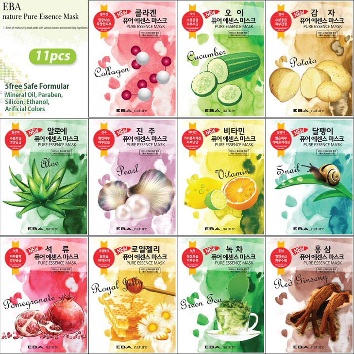 Eba nature 11 pcs Pure Essence Facial Mask Sheet of 11 Types x 1 pcs Korean Face Mask Sheets for Skincare Cleansing Mois