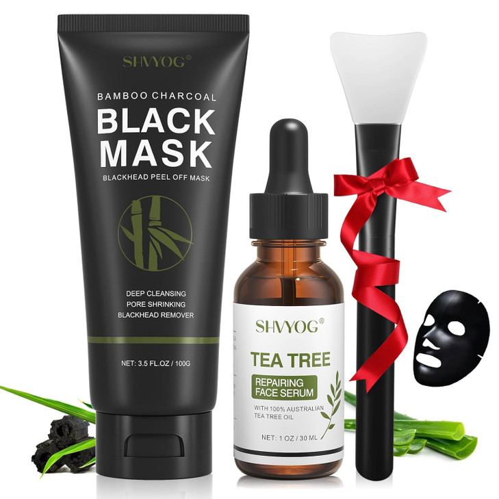SHVYOG Blackhead Peel Off Face Mask 3in1 Blackhead Remover Mask with Brush Tea Tree Oil Serum Charcoal Mask for Deep Cle
