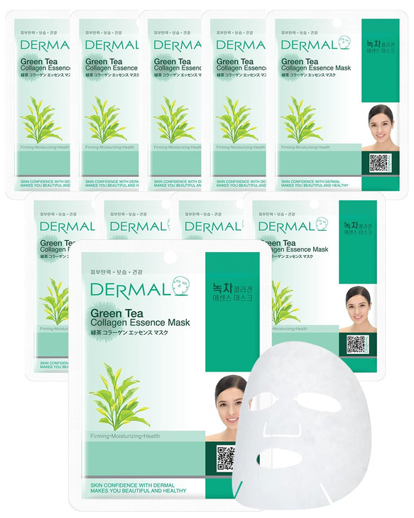 DERMAL Green Tea Collagen Essence Facial Mask Sheet 23g Pack of 10 Hydrating and Soothing for Sensitive Oily Skin Revita