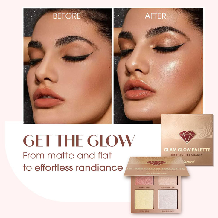 Lamora Makeup Palette Highlighter Iluminador Glow Bronzer Powder Blush Cheeks Kit with Mirror 4 Highly Pigmented Face Hi