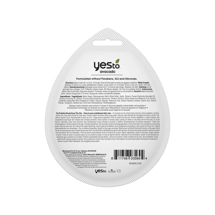 Yes To Avocado FragranceFree Hydrating Cream Mask Pore Purging Formula To Hydrate Dry Skin Plump Skin Locks In Moisture