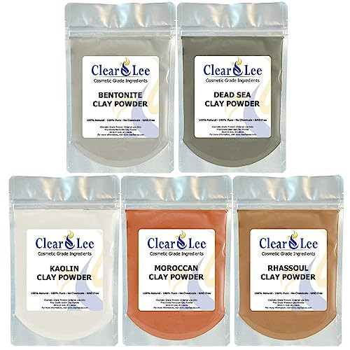 ClearLee Cosmetic Grade Clay Powders Variety Pack Kaolin Bentonite Dead Sea Moroccan Rhassoul Clay 5 Pack 100 Pure Natur