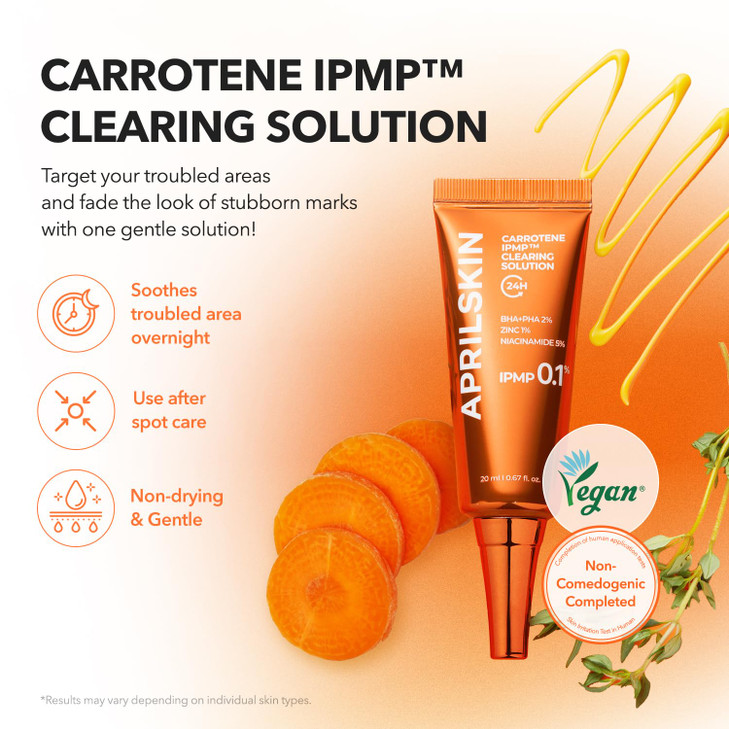 APRILSKIN Carrotene IPMP Clearing Solution Quickly soothes troubled areas and helps clear blemishes Formulated with BHA