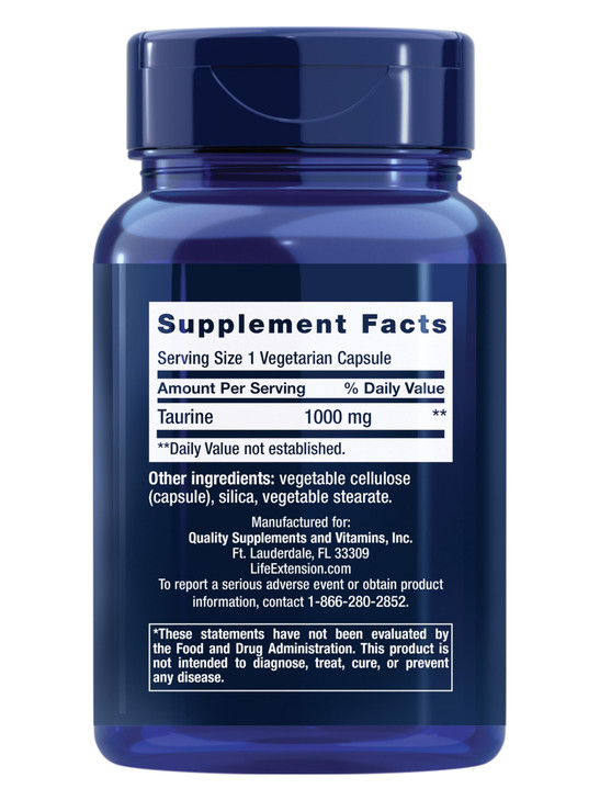 Life Extension Taurine, Pure Taurine Amino Acid Supplement, Heart, Liver and Brain Health, Longevity, Muscle and Exercise, 1000 mg dose, Non-GMO, Glu online at globaldelivered