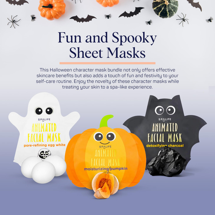 SpaLife Facial Mask Sheet Bundle Pumpkin Ghost Bat Halloween Character Mask Bundle Face Masks for Skin Care Moisturizing