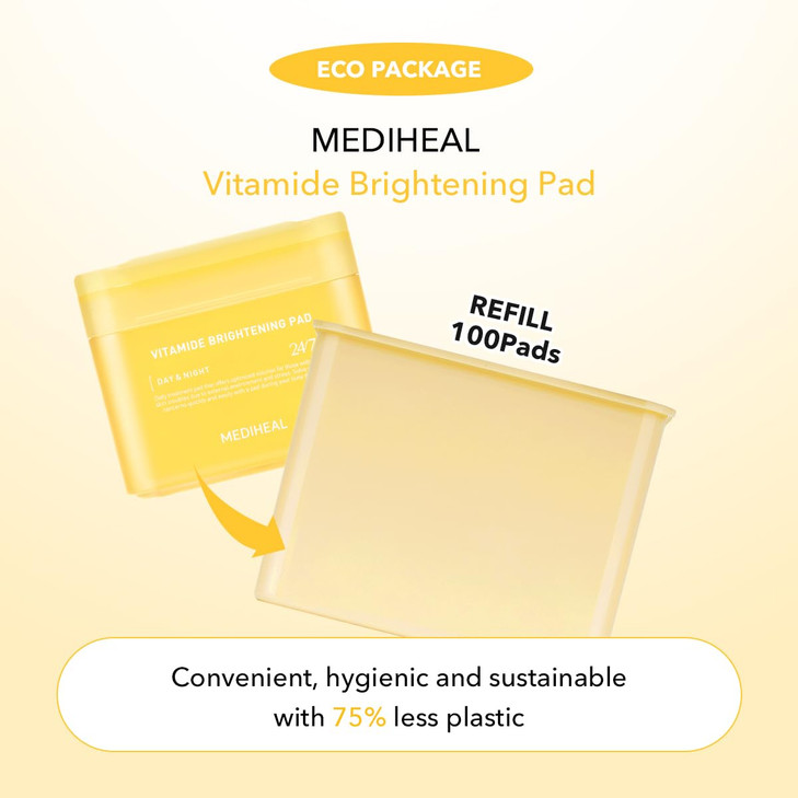 Only Refill Mediheal Vitamide Brightening Pad 100 Pads Radiance Boosting Pads for Clear Illuminating Skin Vegan Gauze Pa