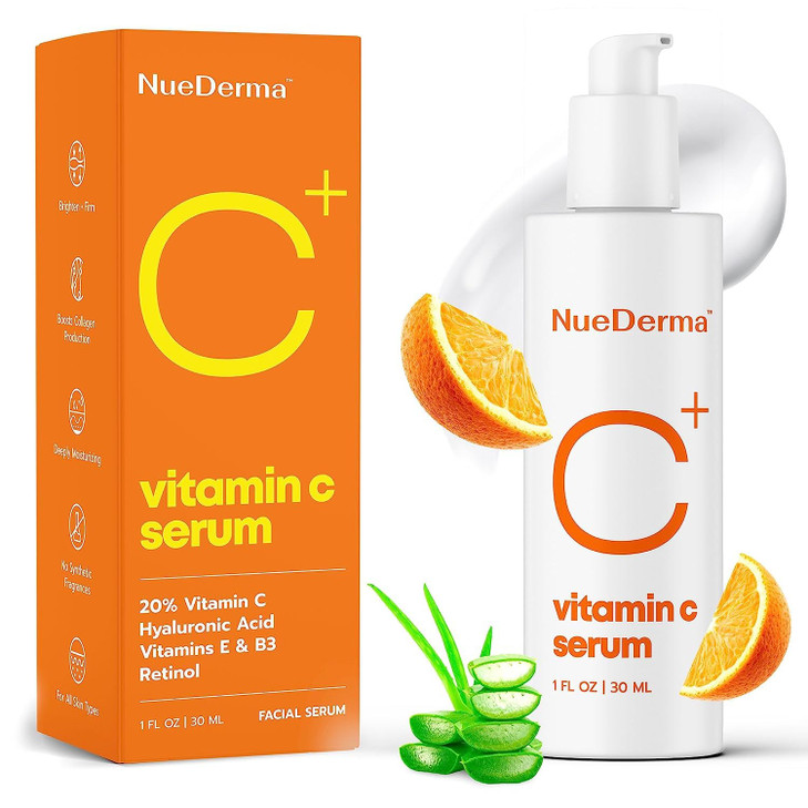 NueDerma Vitamin C Serum For Face Anti Aging Brightening Retinol Aloe Hyaluronic Acid Vitamins E B3 Boosts Collagen