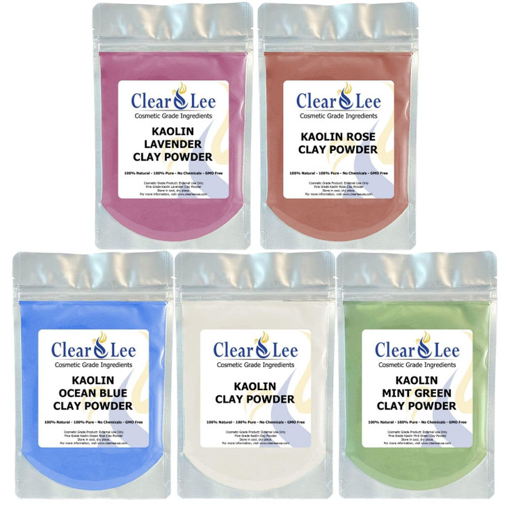 ClearLee Kaolin Clay Cosmetic Grade Powder Sample 5 Pack White Rose Ocean Blue Mint Green Lavender 100 Pure Natural Powd
