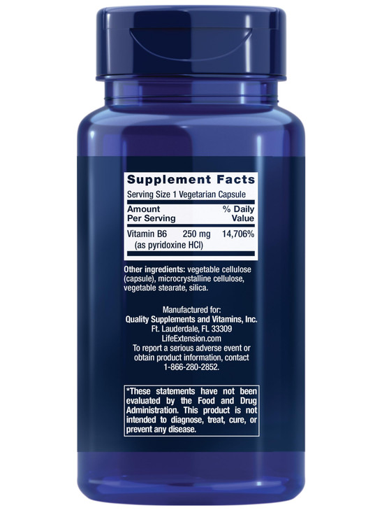 Life Extension Vitamin B6, 250 mg, high Potency, Cardiovascular Health, neurological Health, Eye Health, Healthy Kidney Function, Gluten-Free, Non-GM online at globaldelivered