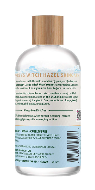 Humphreys Witch Hazel Clarifying Toner Wild Harvested Witch Hazel USDA Organic Natural Hydrating Clears Pores Removes Oi