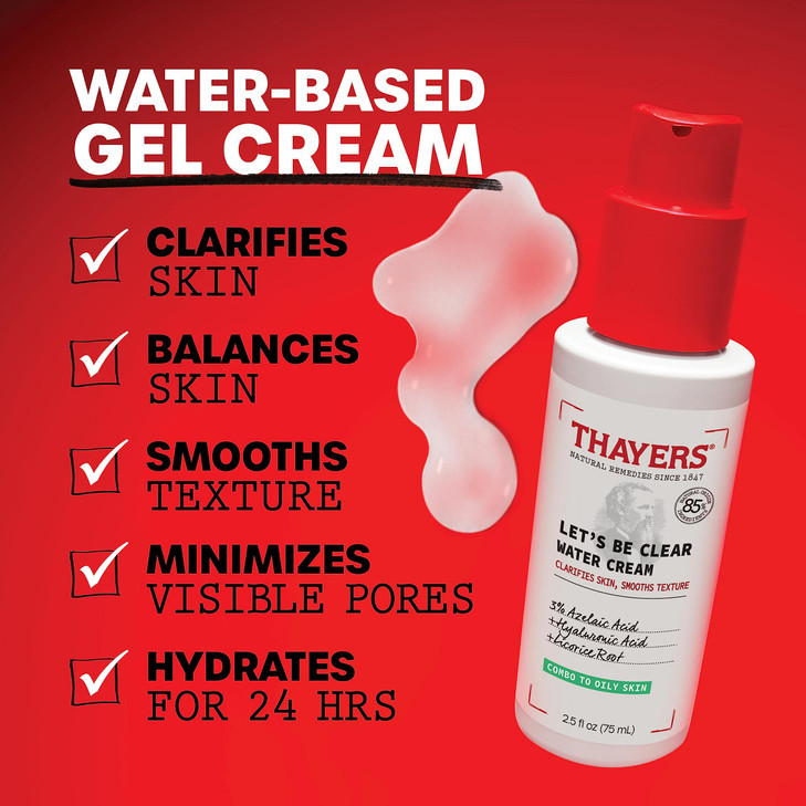 THAYERS Lets Be Clear Water Face Cream Moisturizer with Azelaic Acid and Hyaluronic Acid Skin Care for Combination to Oi