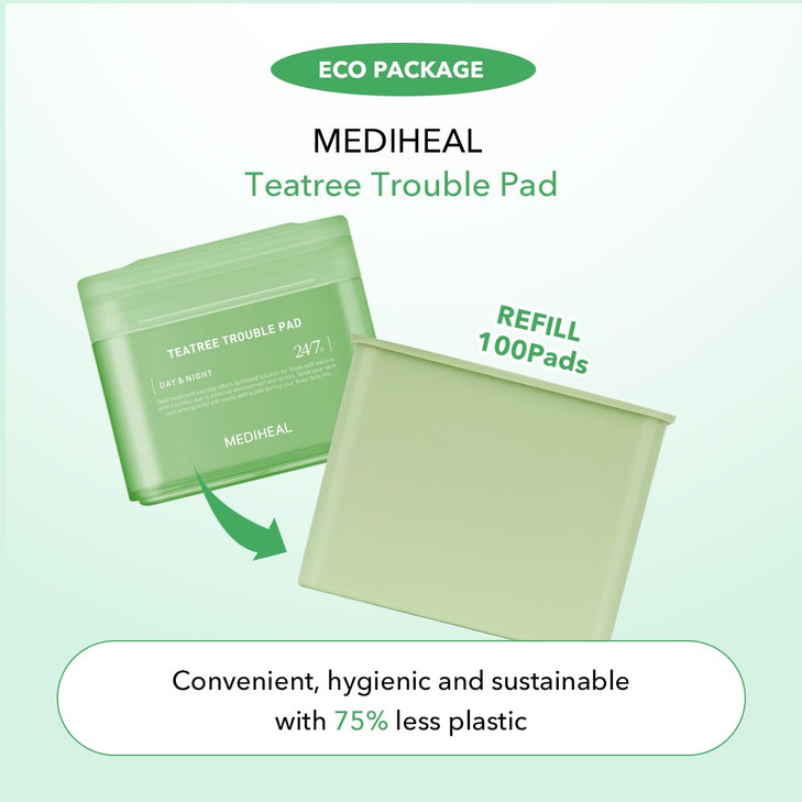 Only Refill Mediheal Teatree Trouble Pad 100 Pads Cotton Facial Toner Pads for Calm Sensitive Acne Prone Skin Vegan Gauz