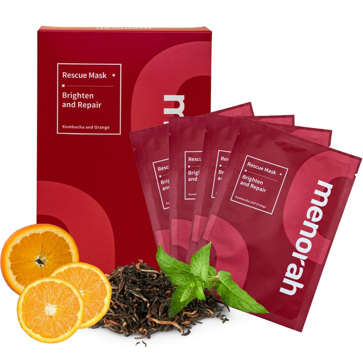 menorah Brighten and Repair Rescue Sheet Masks 4 Sheets Facial Mask with Kombucha Orange Extract Hydrating Elasticity Bo