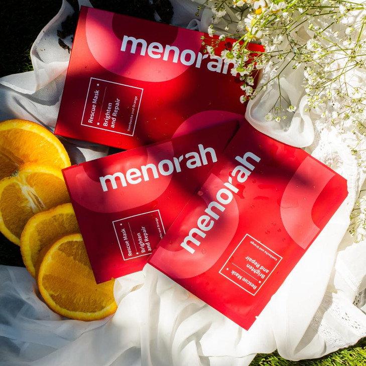 menorah Brighten and Repair Rescue Sheet Masks 4 Sheets Facial Mask with Kombucha Orange Extract Hydrating Elasticity Bo