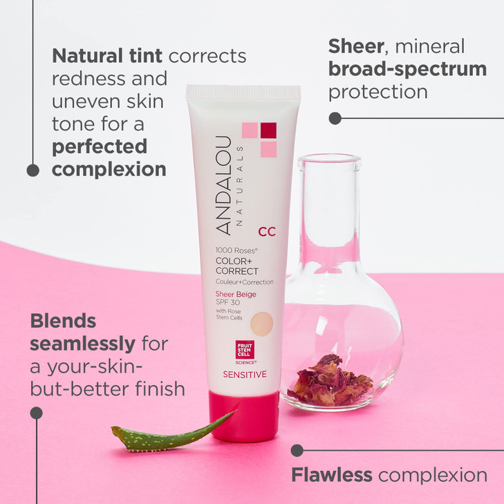 Andalou Naturals 1000 Roses CC Color Correct with SPF 30 Sheer Beige 2in1 Face Sunscreen CC Cream for Sensitive Skin Hel