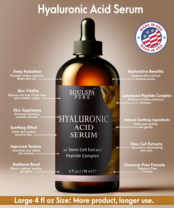 SOULSPA PURE Hyaluronic Acid Serum for Face with Peptides Deep Hydration Facial Serum Revitalizing Serum for Mature Skin