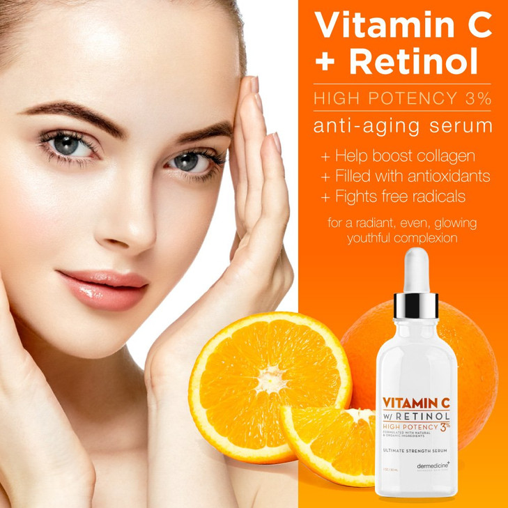 Vitamin C High Potency 3 Retinol Blend AntiAging Serum for Face Professional Grade Quality Helps Reduce Appearance of Fi