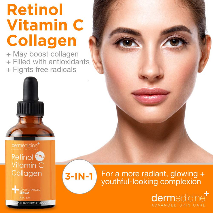 Retinol Vitamin C Collagen Super Charged AntiAging Serum for Face Pharmaceutical Grade Quality Helps Smooth Plump Fine L