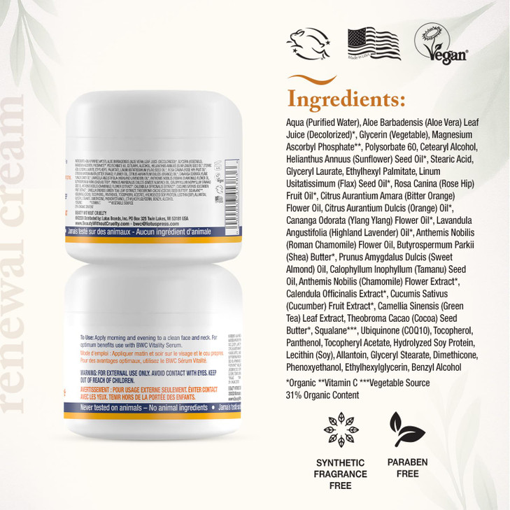 Beauty Without Cruelty Vitamin C Renewal Cream with CoQ10 Premium Aromatherapy Face Cream VeganFriendly CrueltyFree 2 Oz