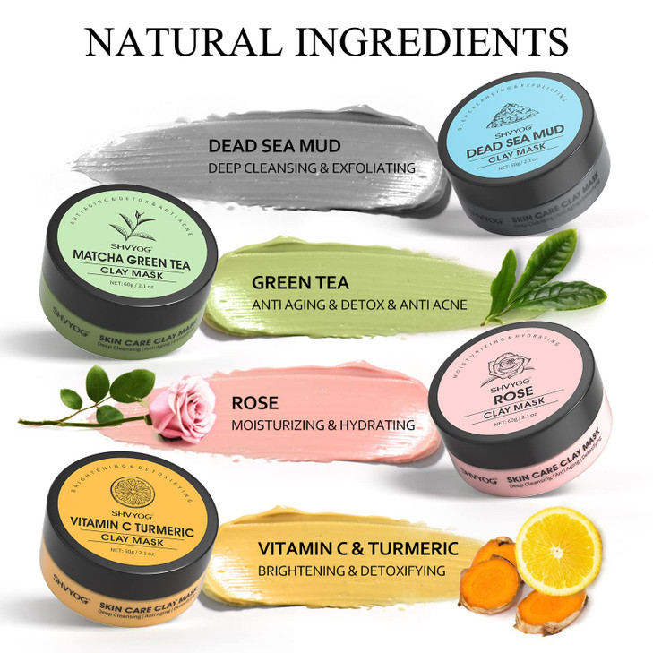 SHVYOG 4Pcs Face Mask Set Turmeric Clay Mask Vitamin C Green Tea Rose Dead Sea Mud Mask Skin Care Mask for Deep Cleansin