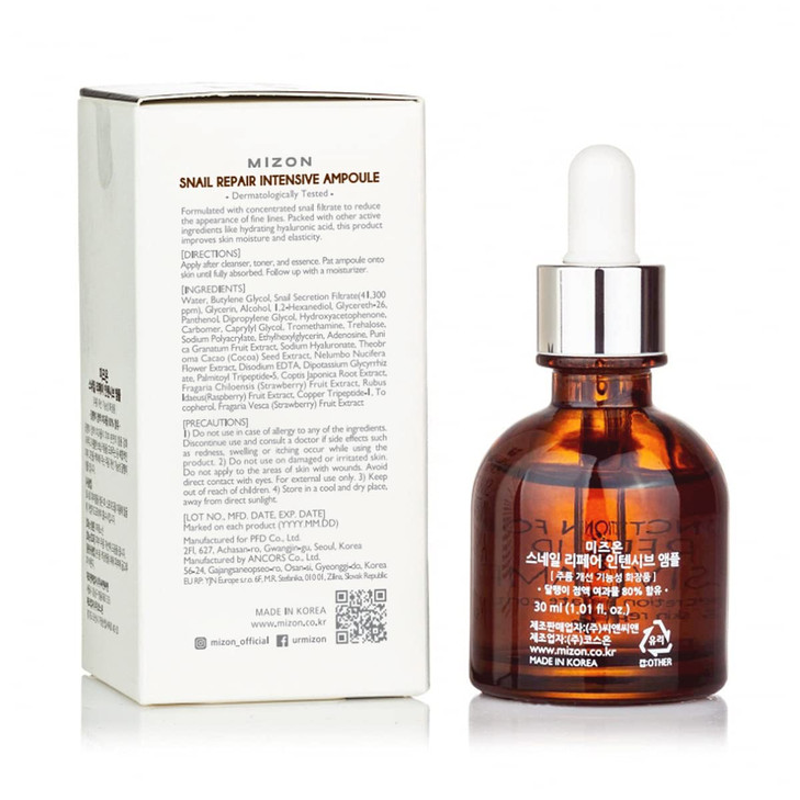 MIZON Snail Repair Intensive Ampoule with Snail Mucin Hyaluronic Acid Vitamin E Hydrating Wrinkle Care Serum for Skin El
